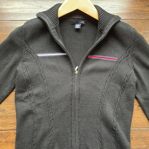 Tommy Hilfiger black logo cardigan zip up cable knit stretchy - Picture 3 of 10